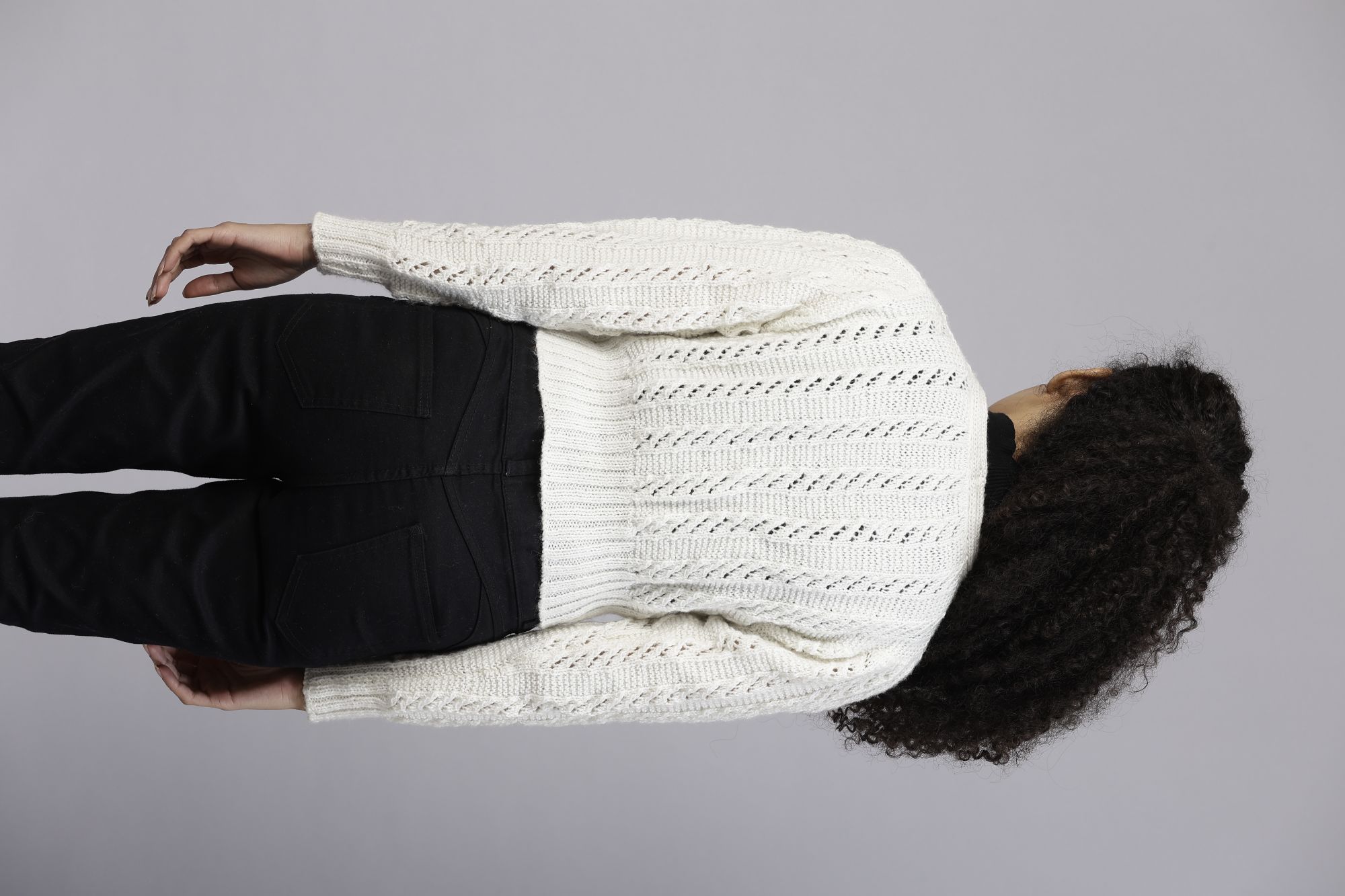 Handknitted Self Design Front Open Crop Sweater - Cream