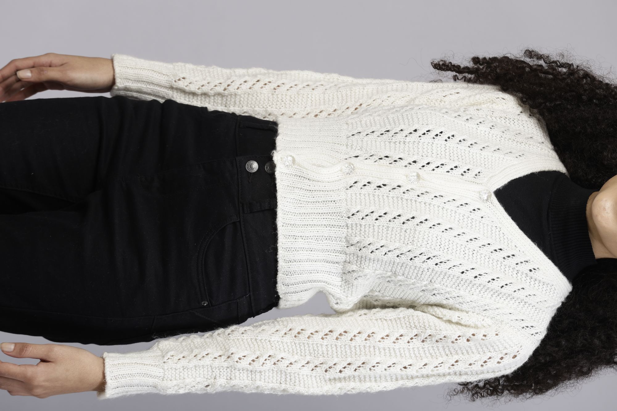 Handknitted Self Design Front Open Crop Sweater - Cream