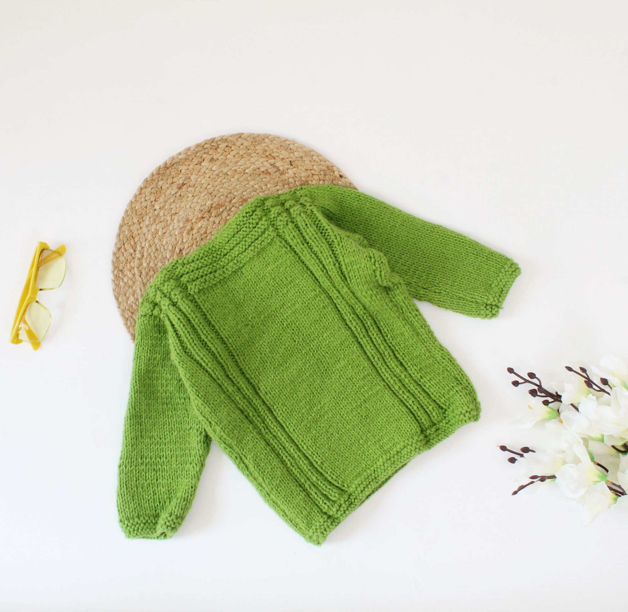 Handknitted Self Design Sweater For Kids - Green