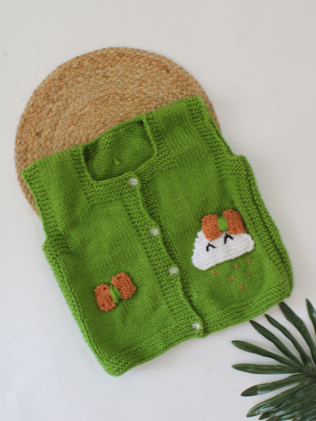 Handknitted Sleeveless Cloud & Bow Detailing Sweater - Green