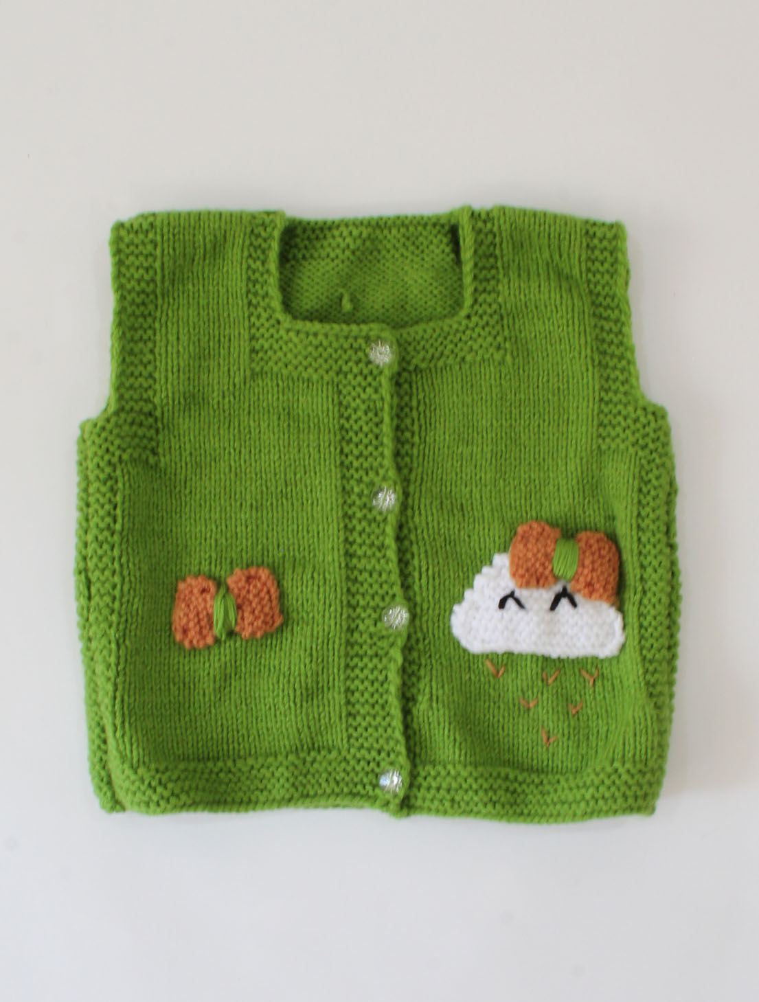 Handknitted Sleeveless Cloud & Bow Detailing Sweater - Green
