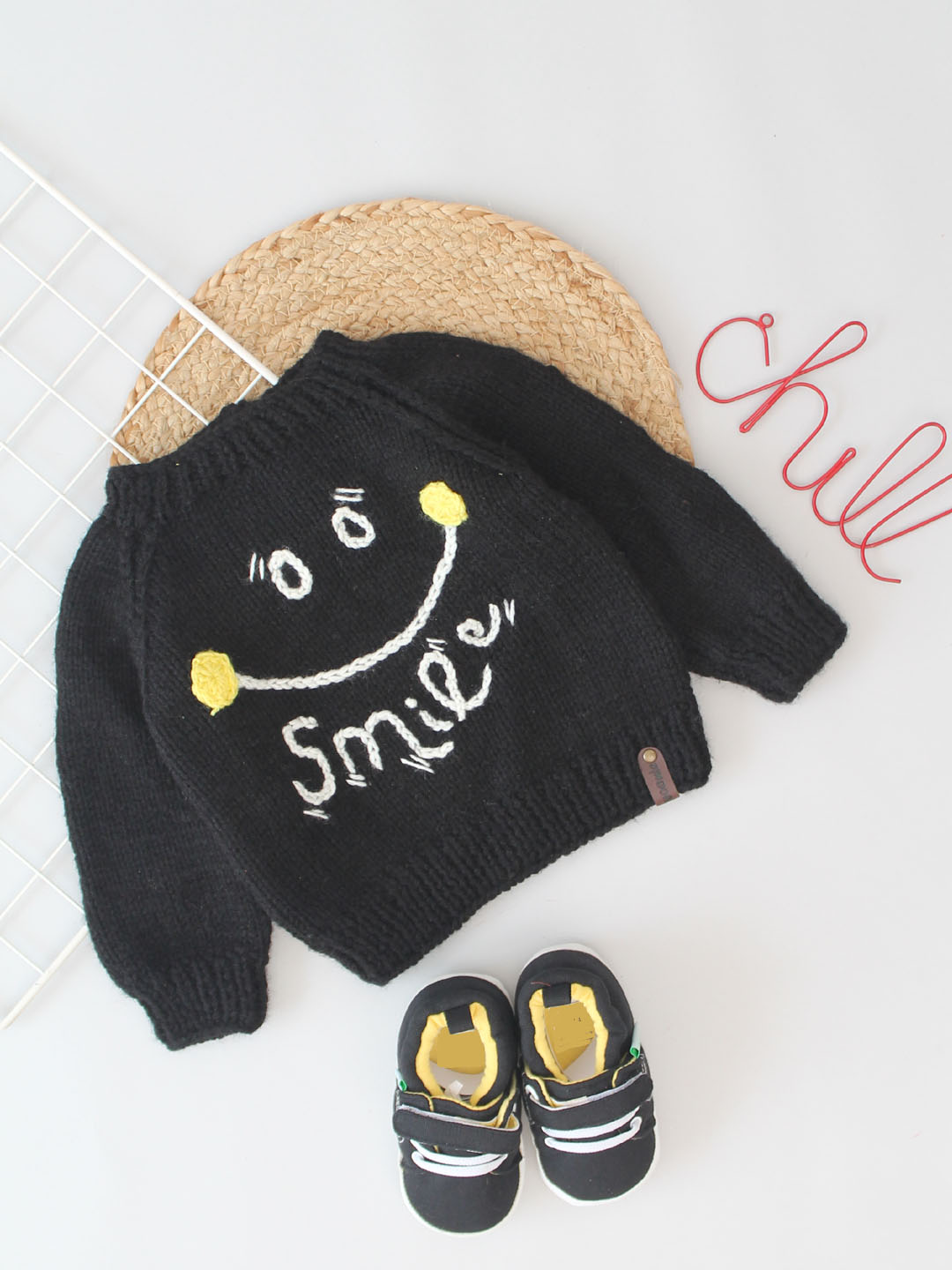 Handknitted Smiley Face Sweater for Kids - Black