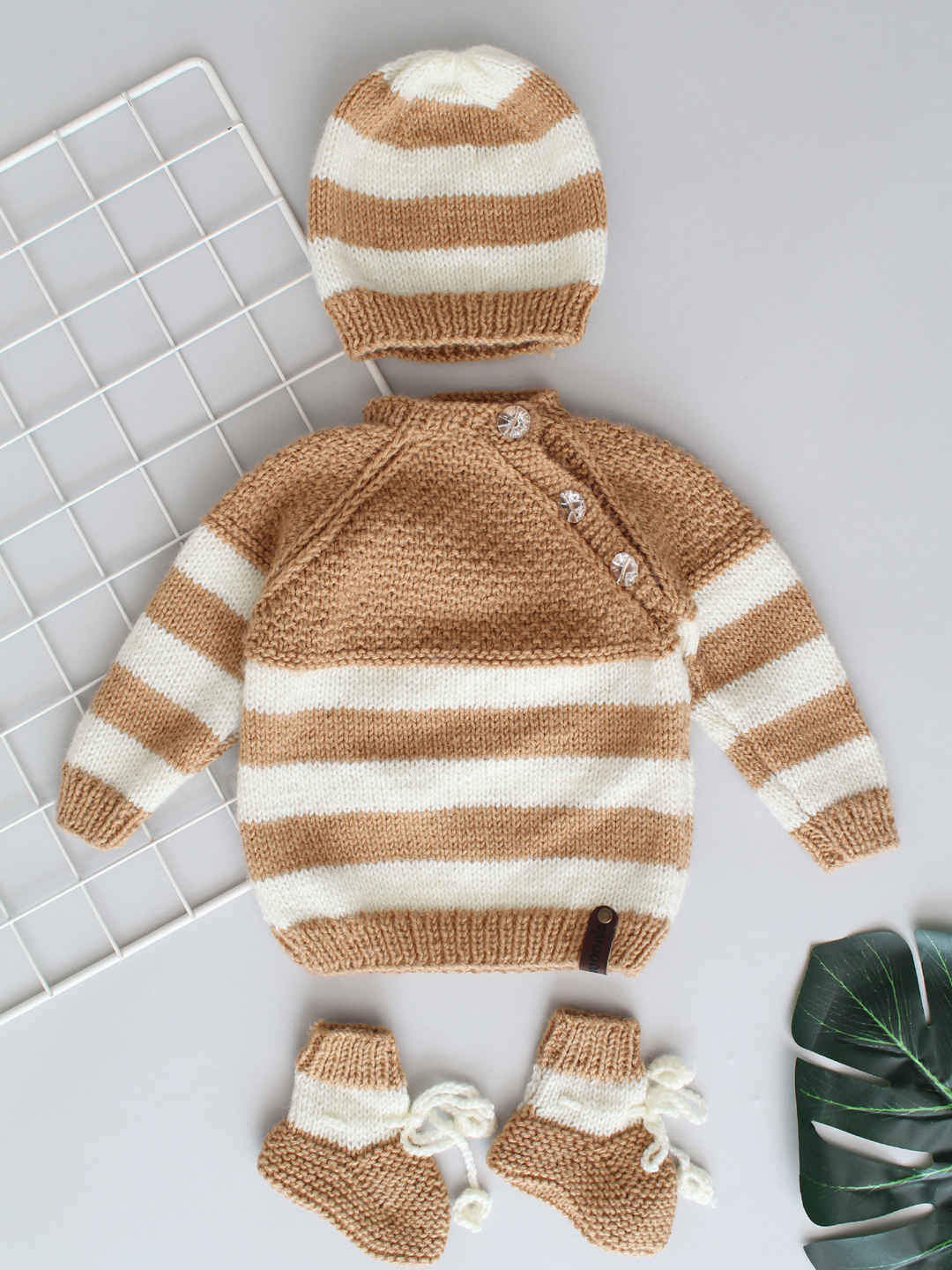 Handknitted Stockinette Stitch Newborn Sweater Set - Beige