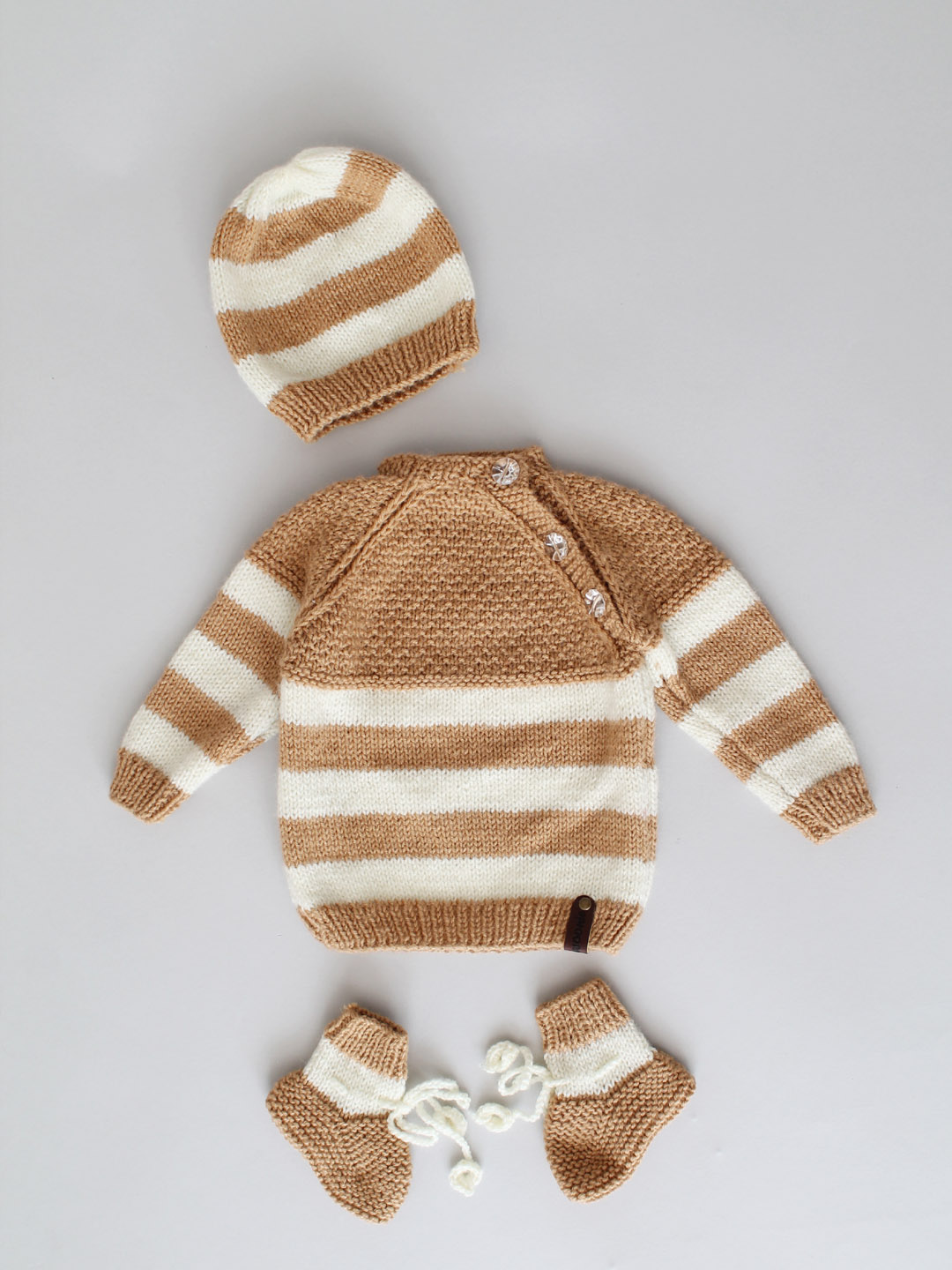 Handknitted Stockinette Stitch Newborn Sweater Set - Beige