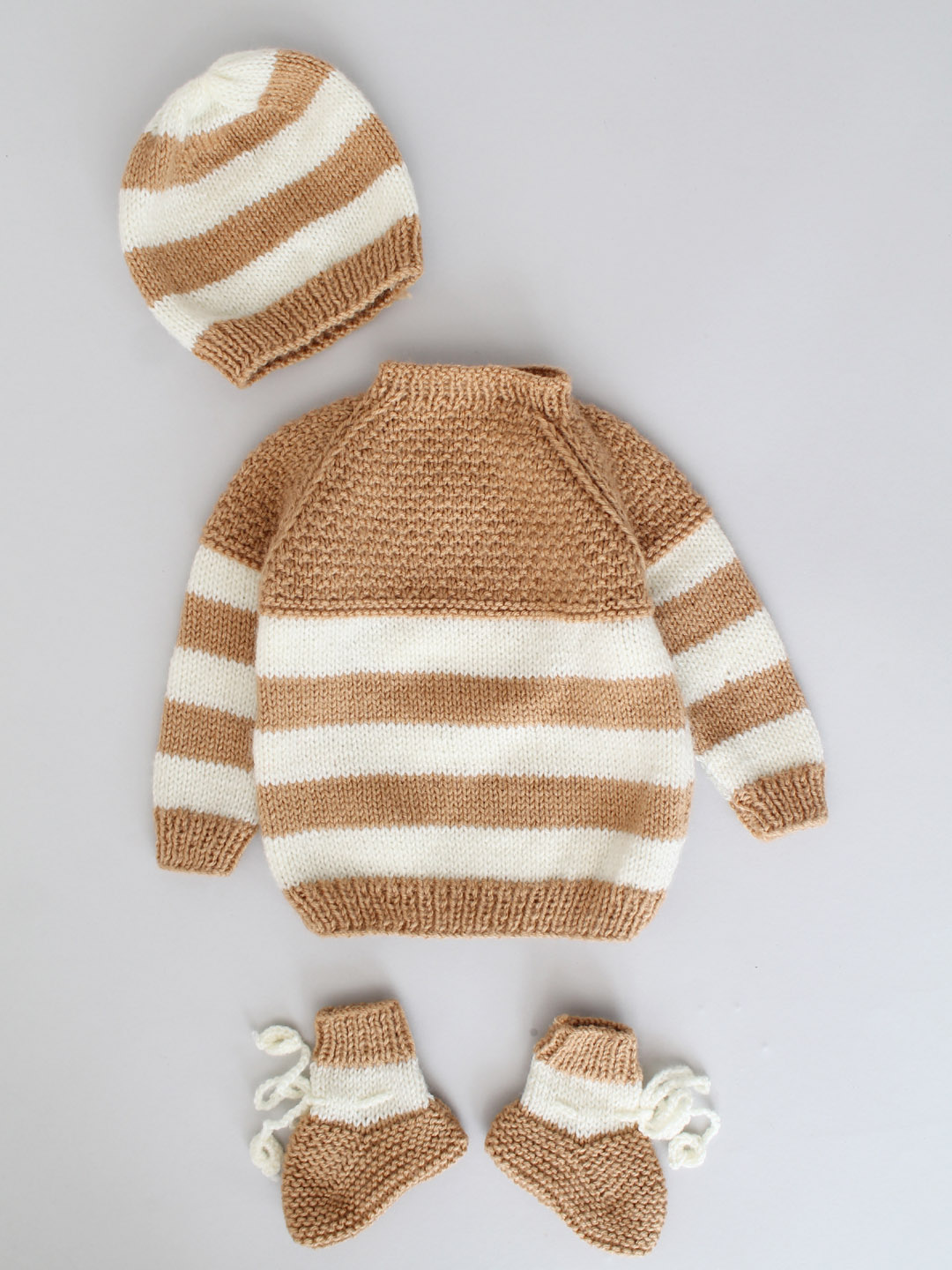 Handknitted Stockinette Stitch Newborn Sweater Set - Beige