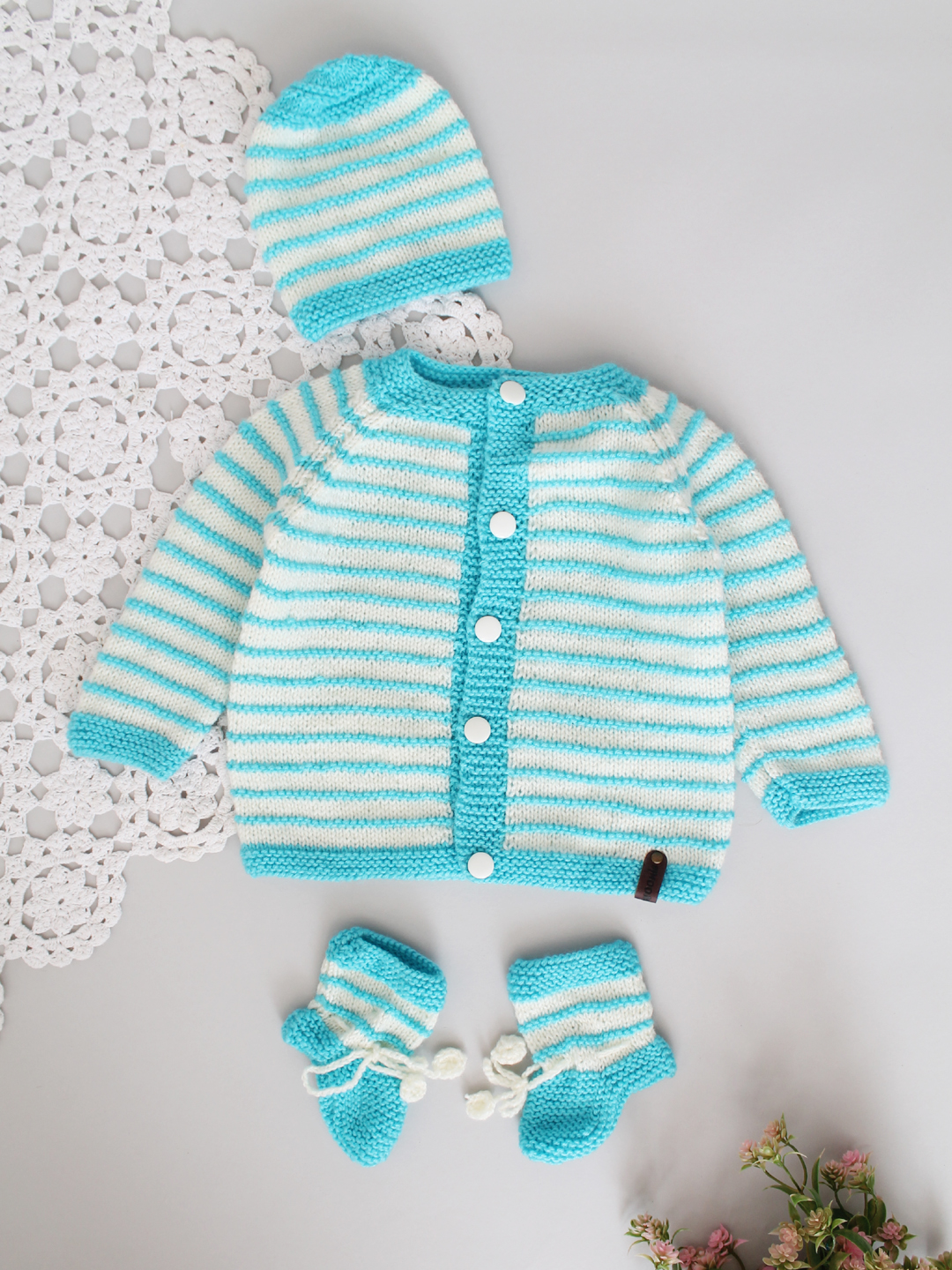 Handknitted Striped Infant Sweater Set - Blue