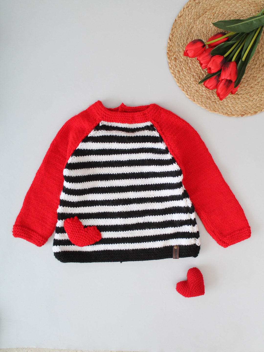 Handknitted Striped Sweater with Heart Applique - Black & White