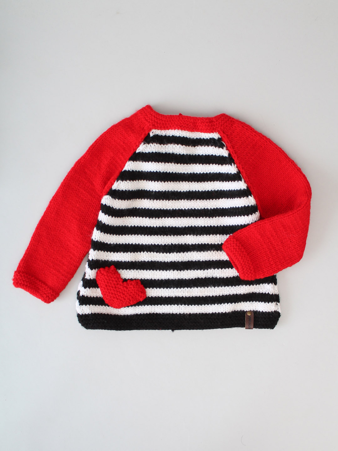 Handknitted Striped Sweater with Heart Applique - Black & White