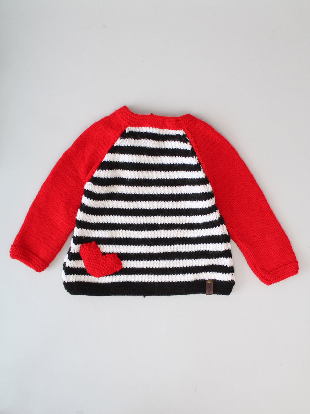 Handknitted Striped Sweater with Heart Applique - Black & White