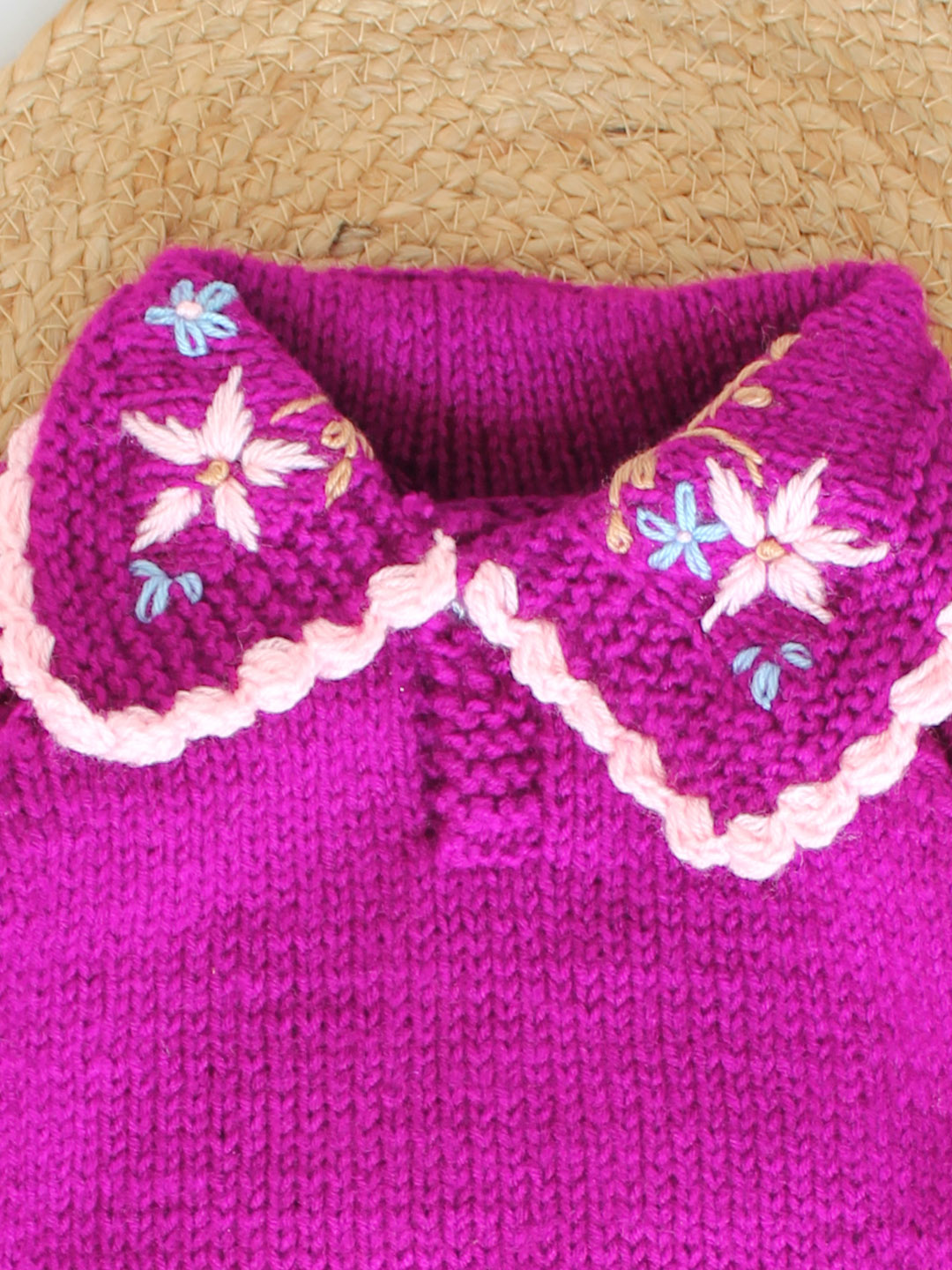 Handknitted Sweater with Embroidered Peter Pan Collar - Purple