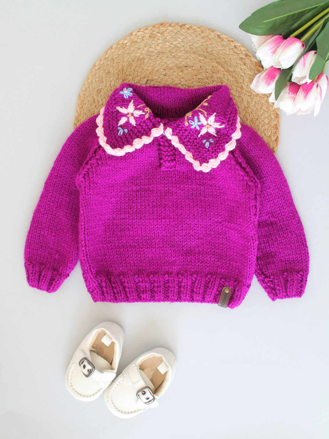 Handknitted Sweater with Embroidered Peter Pan Collar - Purple