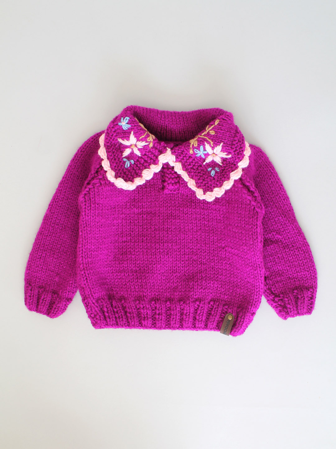 Handknitted Sweater with Embroidered Peter Pan Collar - Purple