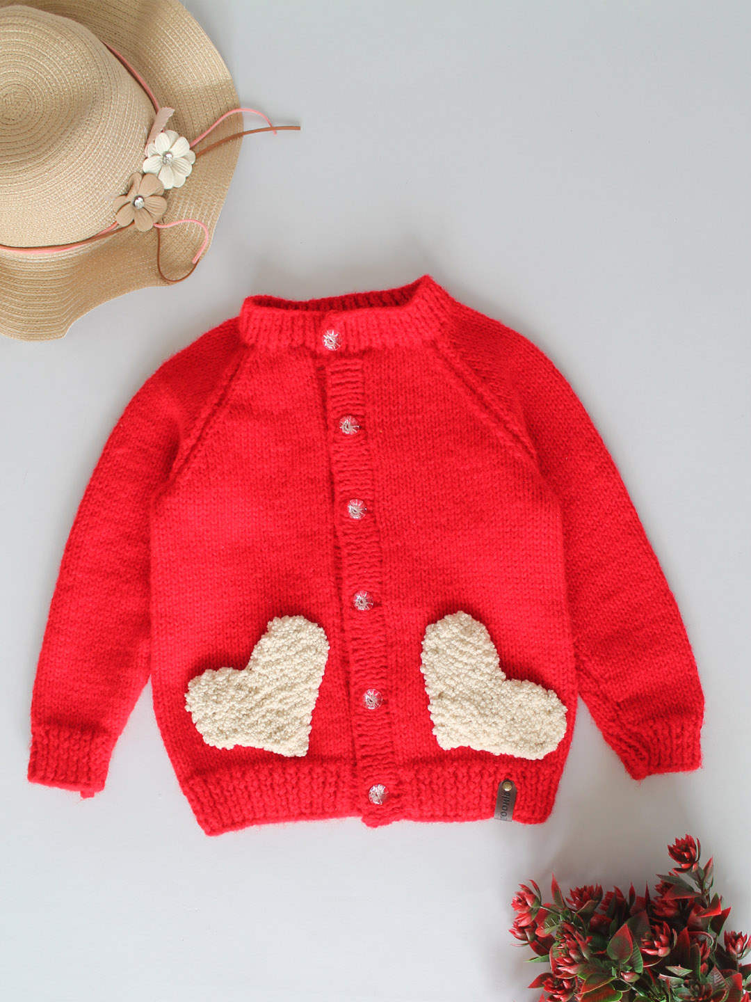 Handknitted Sweater with Heart Pocket for Kids - Red