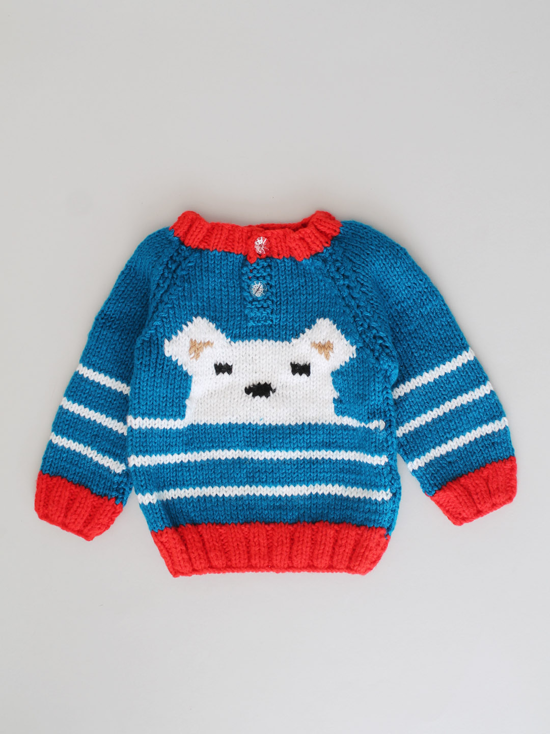Handknitted Teddybear Sweater with Raglan Sleeves - Blue