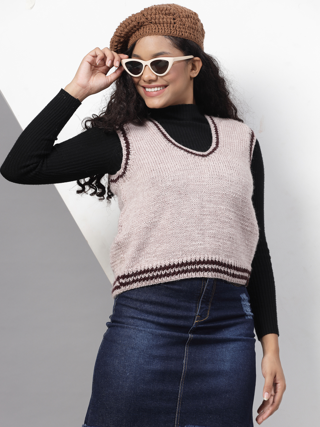 Handknitted Varsity Sweater for Women - Beige