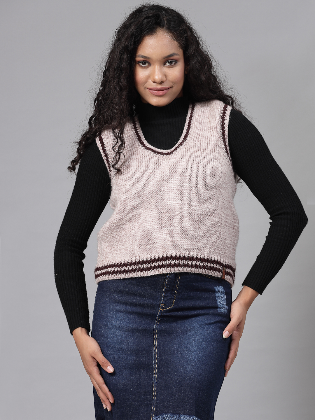 Handknitted Varsity Sweater for Women - Beige