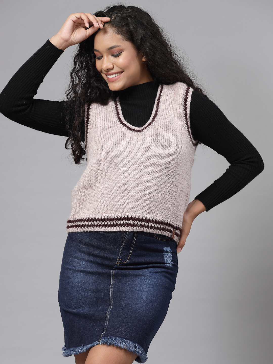 Handknitted Varsity Sweater for Women - Beige