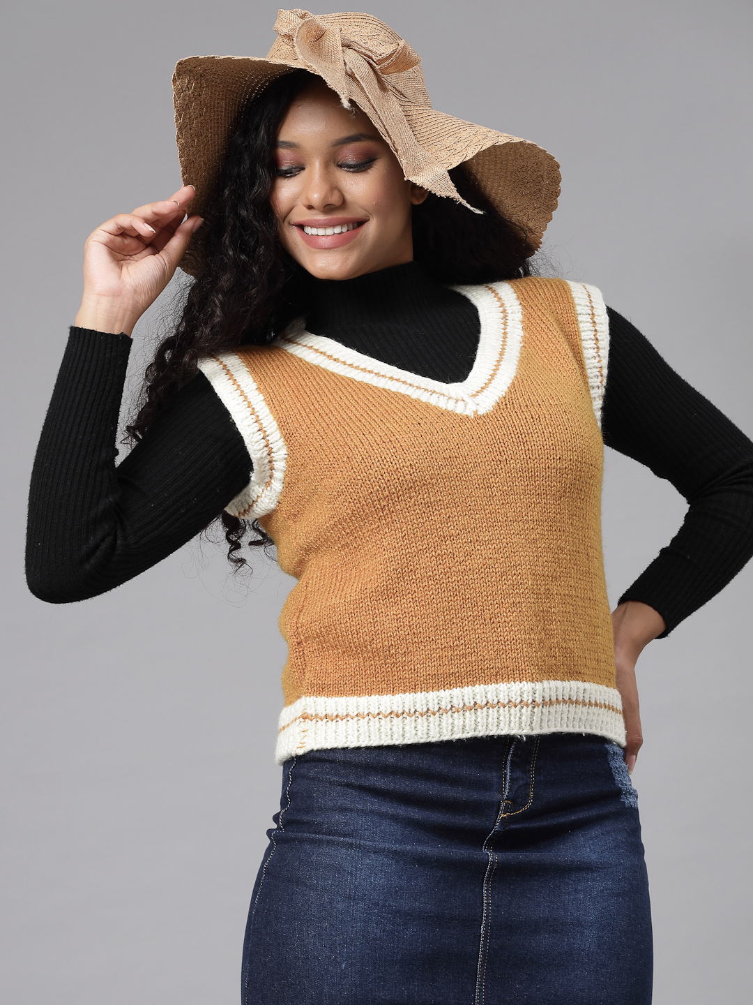 Handknitted Varsity Sweater for Women - Mustard