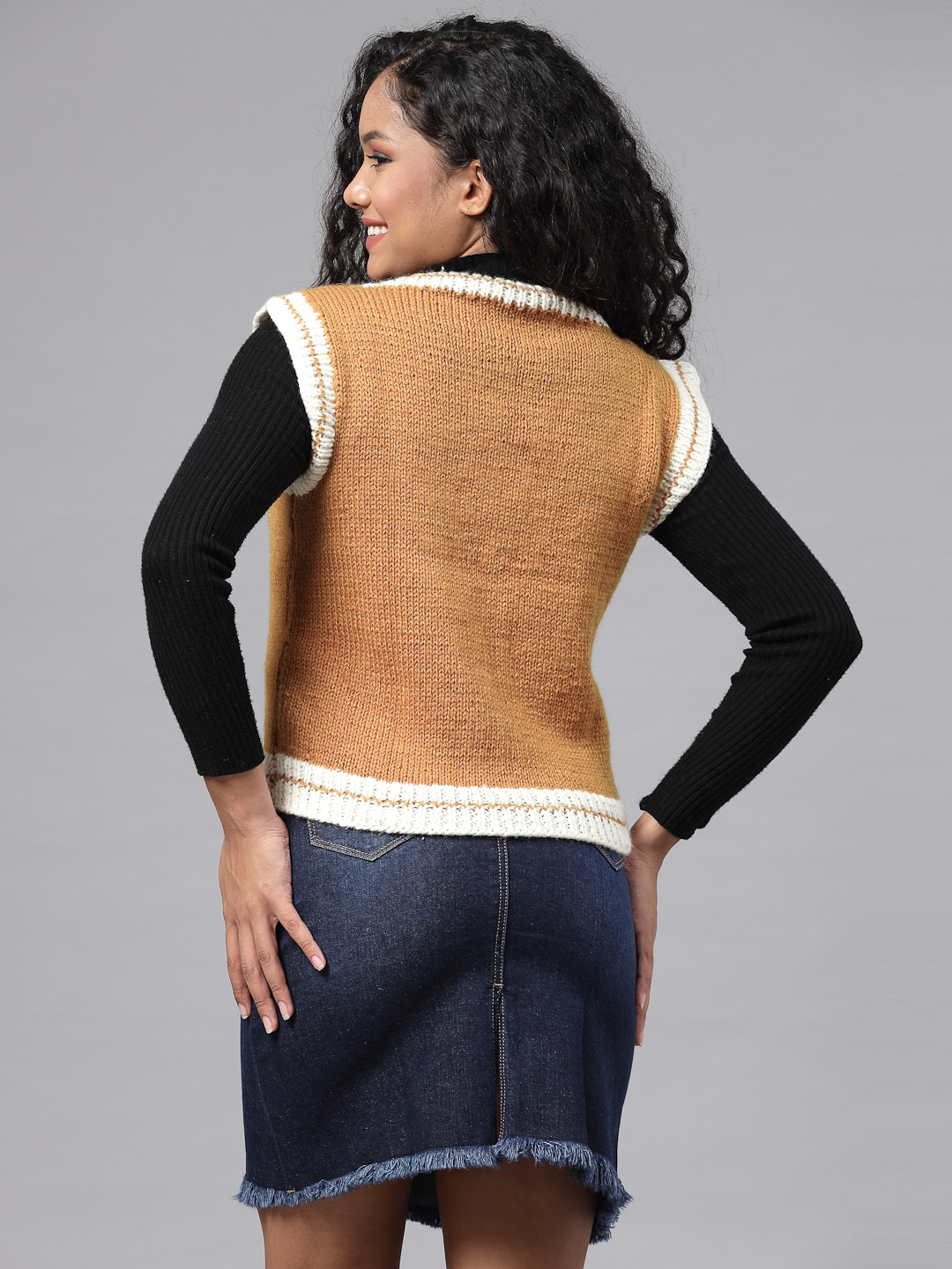 Handknitted Varsity Sweater for Women - Mustard