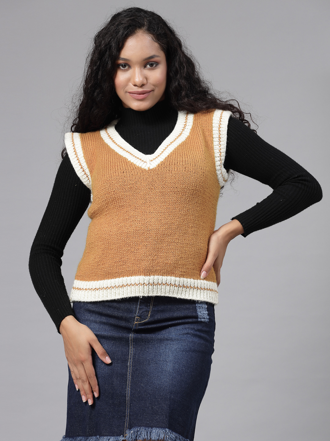 Handknitted Varsity Sweater for Women - Mustard