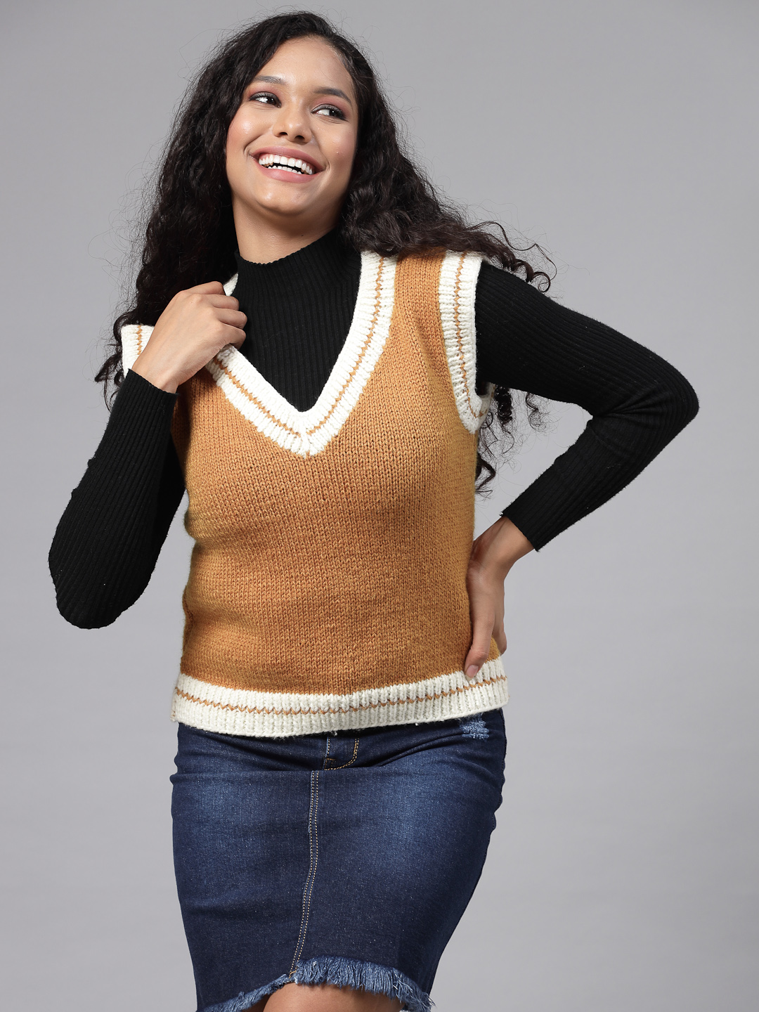Handknitted Varsity Sweater for Women - Mustard