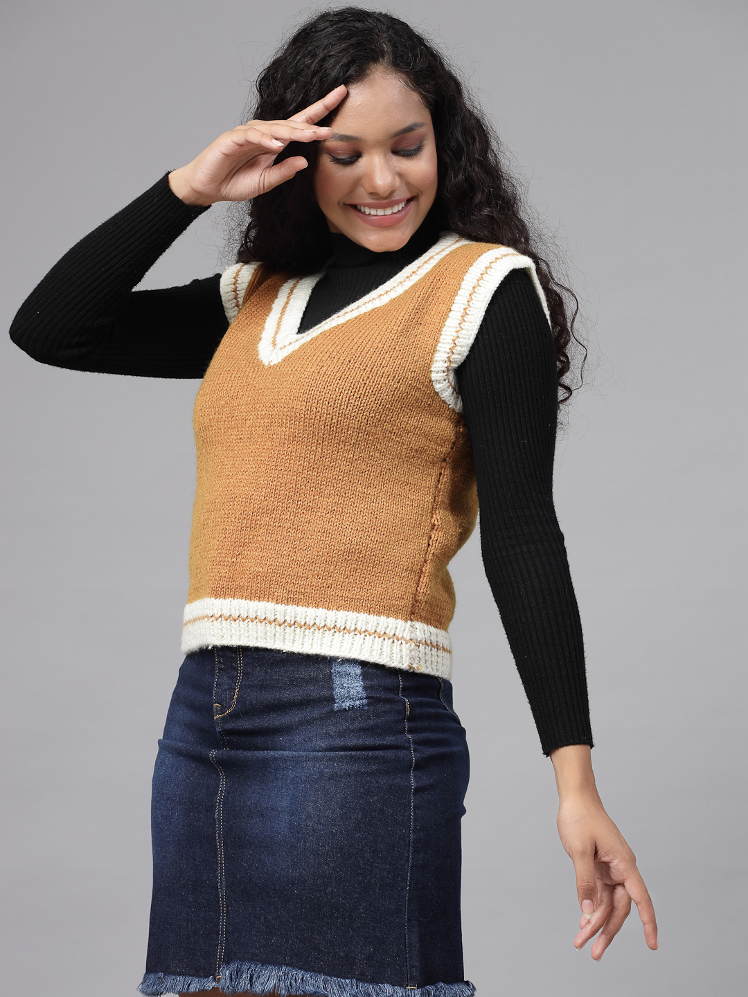 Handknitted Varsity Sweater for Women - Mustard