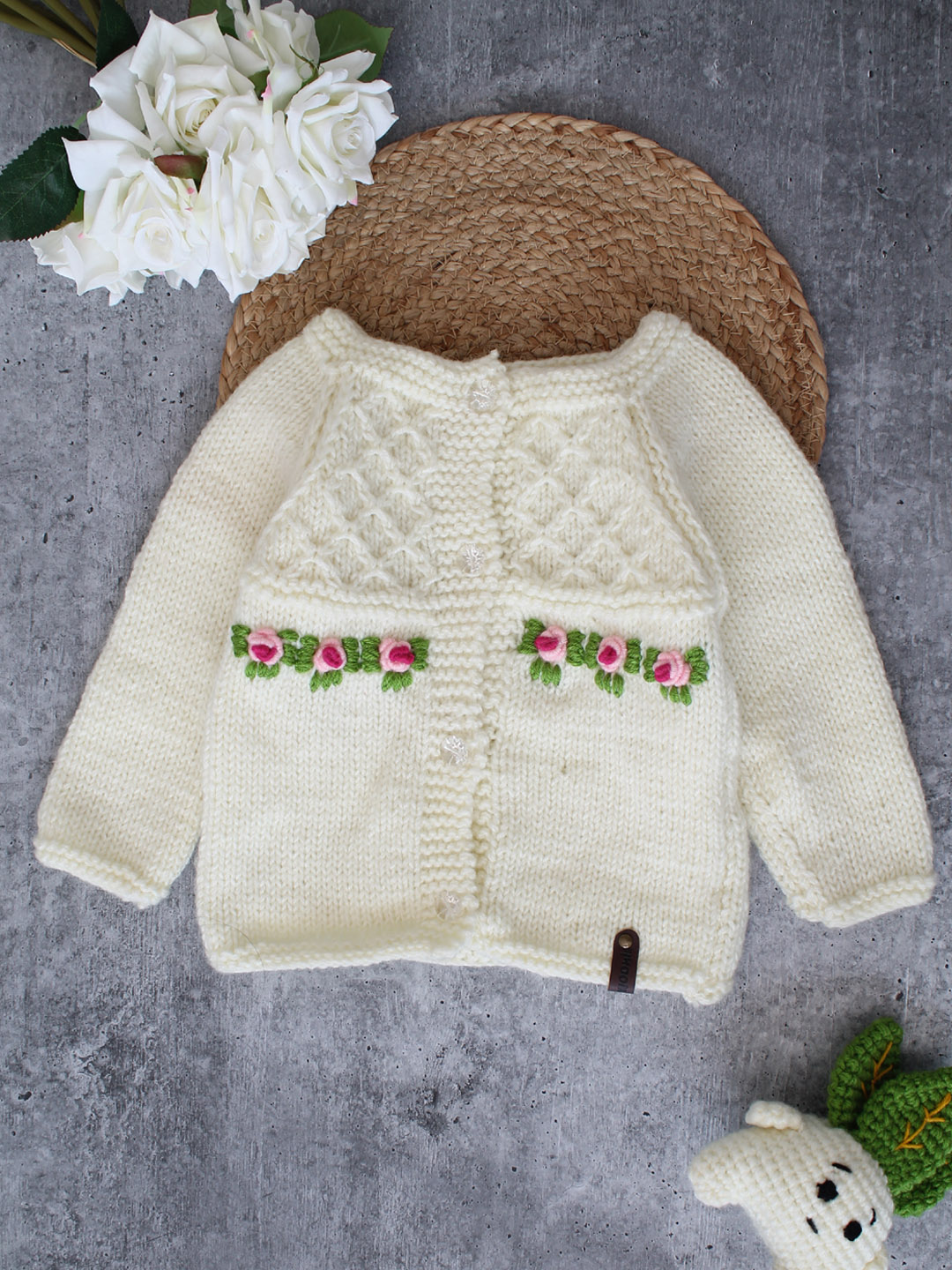 Handknitted Waffel Stitch Sweater for Kids - Cream