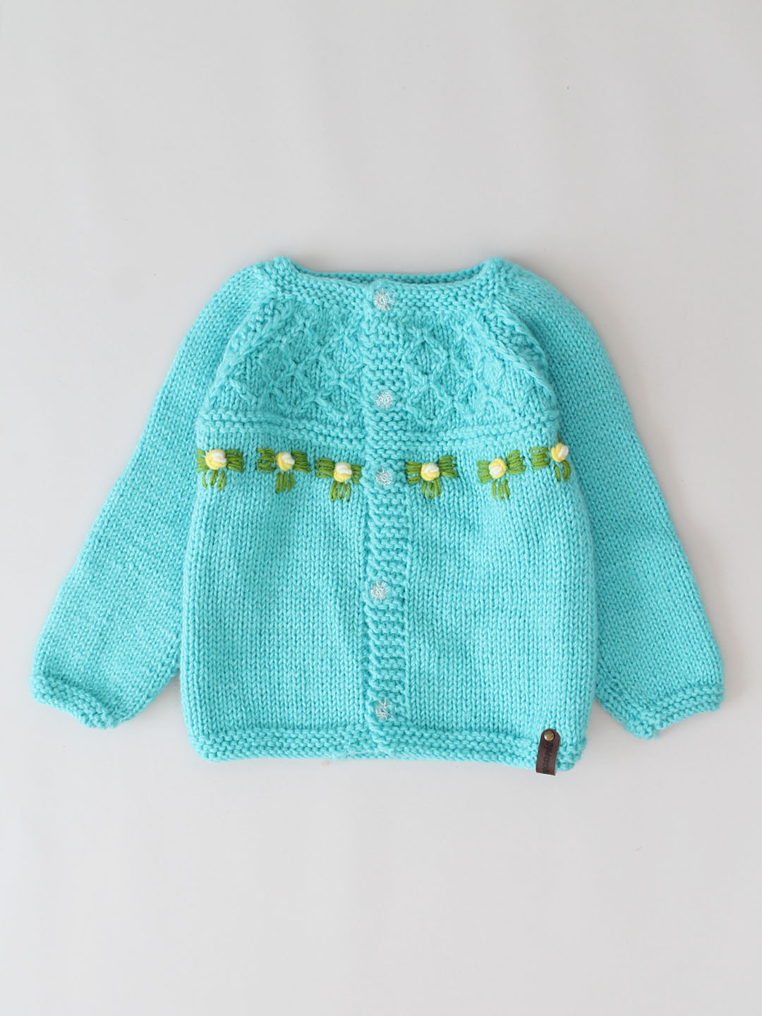 Handknitted Waffle Stitch Floral Embroidered Sweater -Turquoise