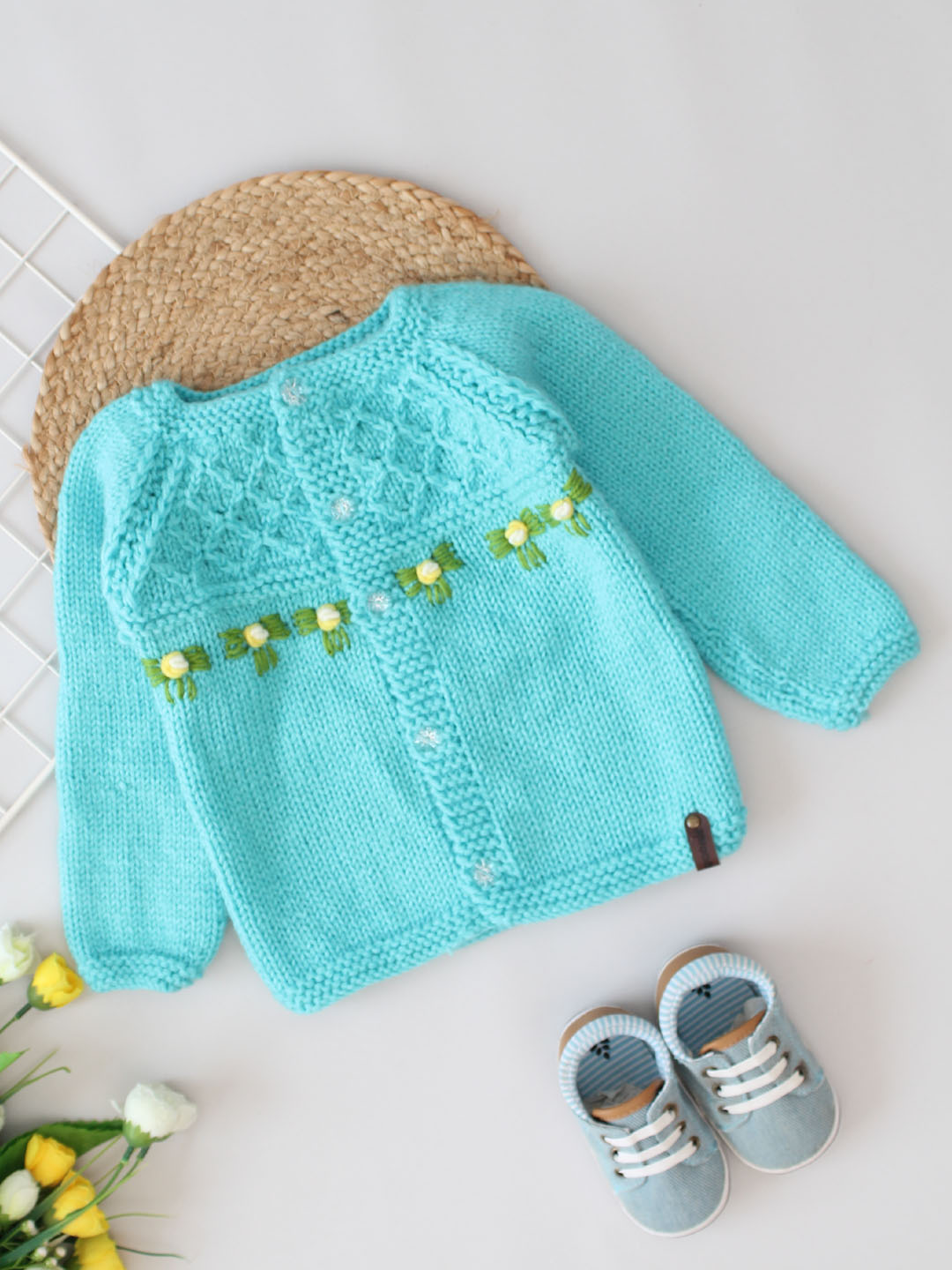 Handknitted Waffle Stitch Floral Embroidered Sweater -Turquoise