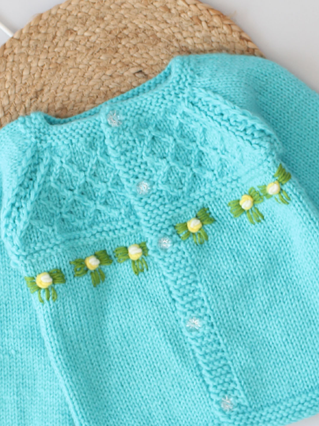 Handknitted Waffle Stitch Floral Embroidered Sweater -Turquoise