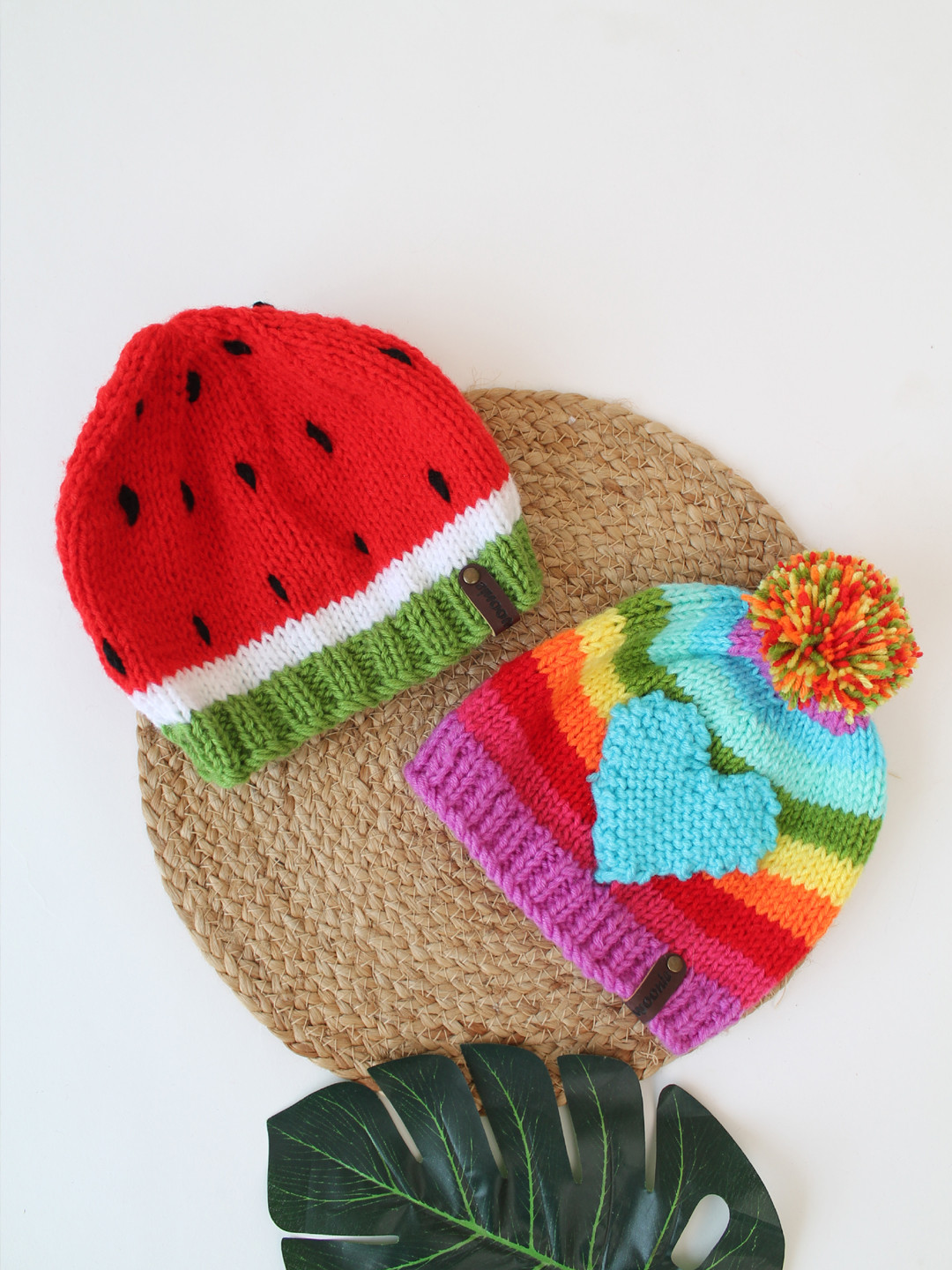 Handknitted Watermelon & Heart Detailed Pack of 2 Caps - Multi