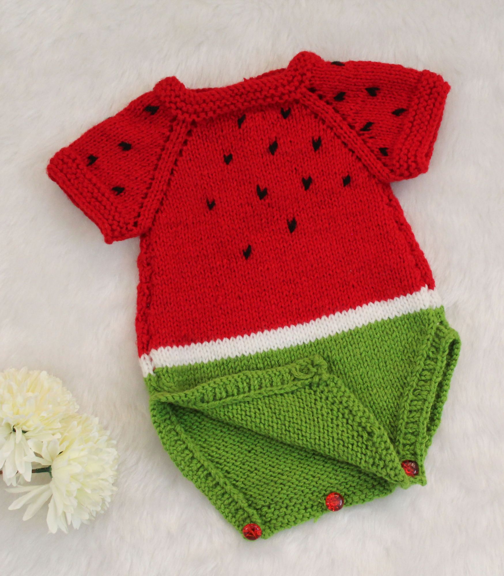 Handknitted Watermelon Woolen Baby Romper - Red and Green