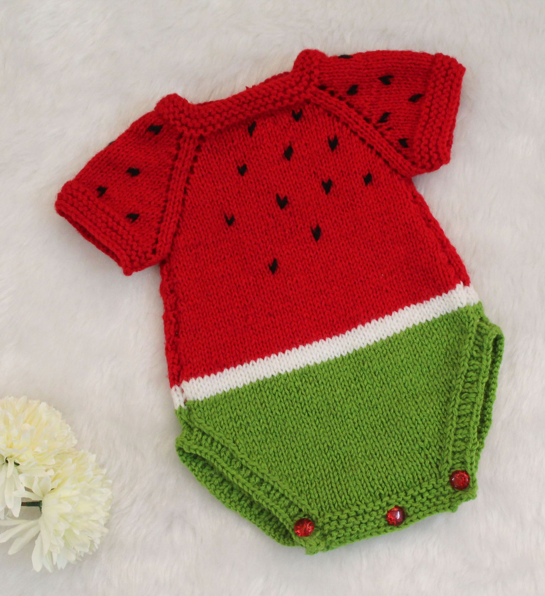 Handknitted Watermelon Woolen Baby Romper - Red and Green