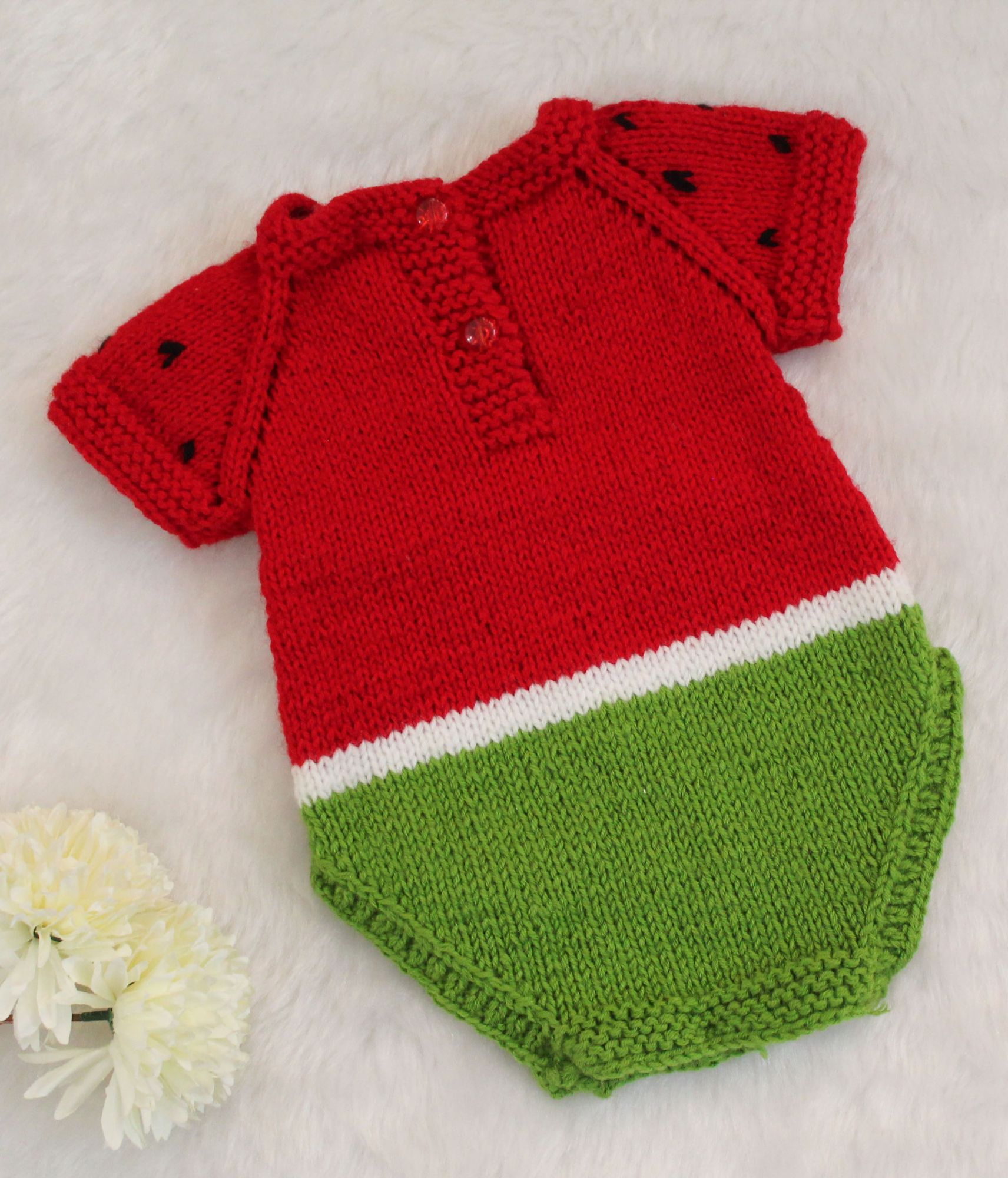 Handknitted Watermelon Woolen Baby Romper - Red and Green