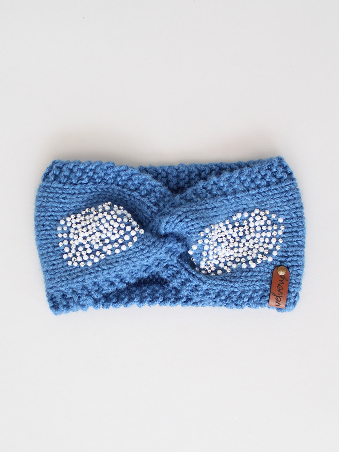 Handknitted White Pearl Winter Headband for Women - Blue