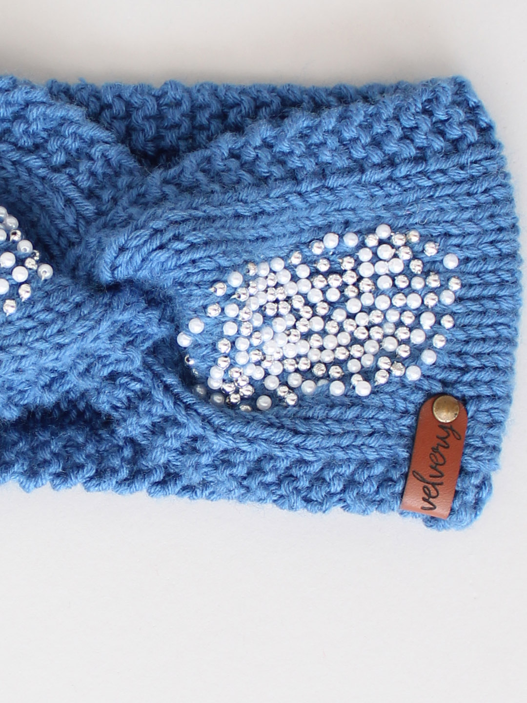 Handknitted White Pearl Winter Headband for Women - Blue