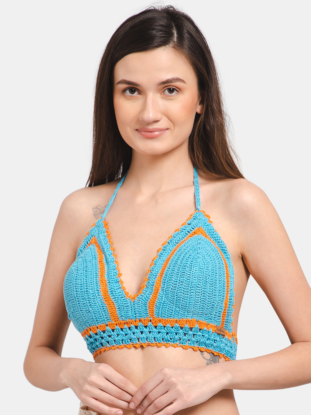 Velvery Handmade Crochet Halterneck Beachwear Bralette- Blue