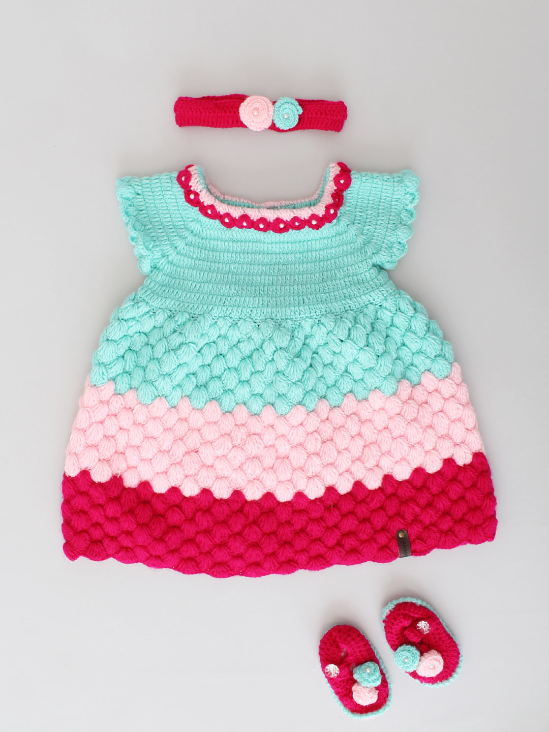 Handmade Crochet Baby Girl Party Dress - Tricolour