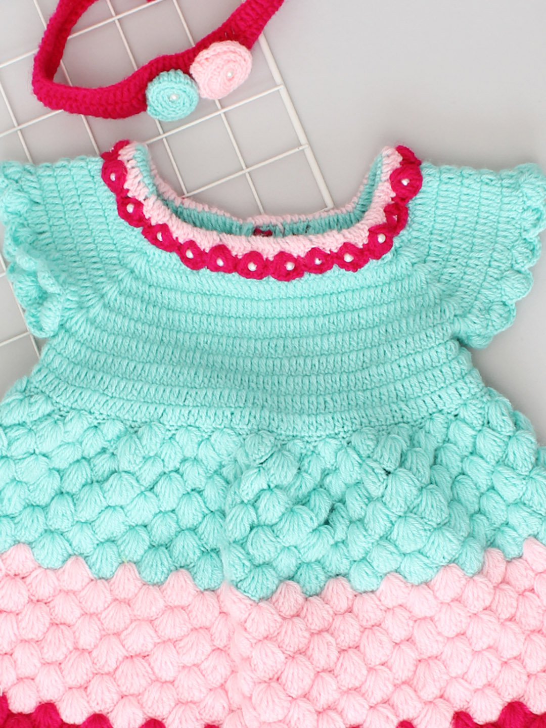 Handmade Crochet Baby Girl Party Dress - Tricolour