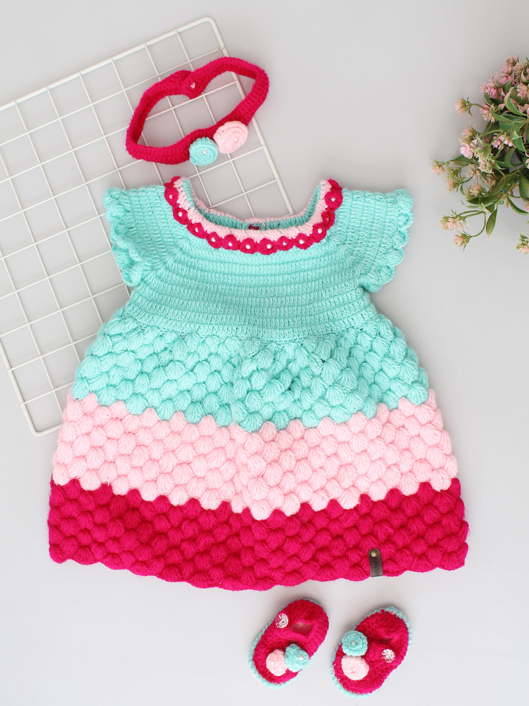 Handmade Crochet Baby Girl Party Dress - Tricolour