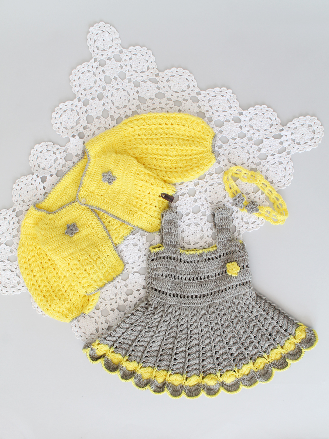 Handmade Crochet Baby Girl Winter Dress for Newborn - Grey