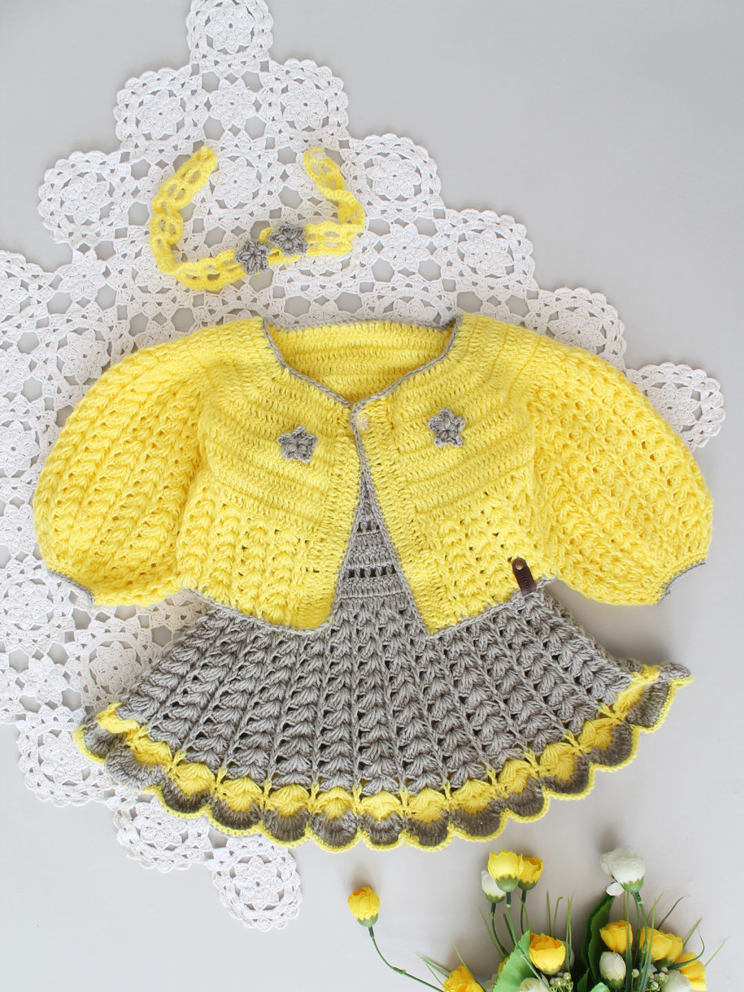 Handmade Crochet Baby Girl Winter Dress for Newborn - Grey