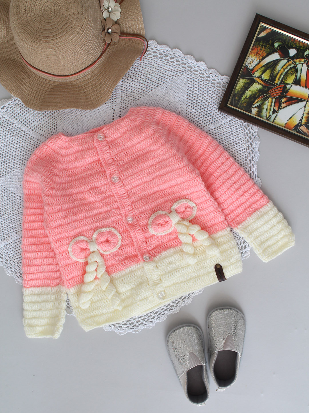 Handmade Crochet Bow Design Front Open Cardigan - Peach