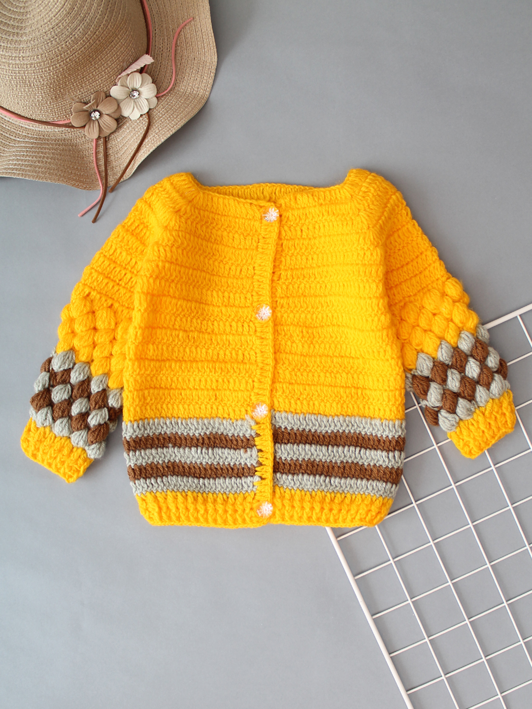 Handmade Crochet Bubble Stitch Sweater for Kids- Yellow