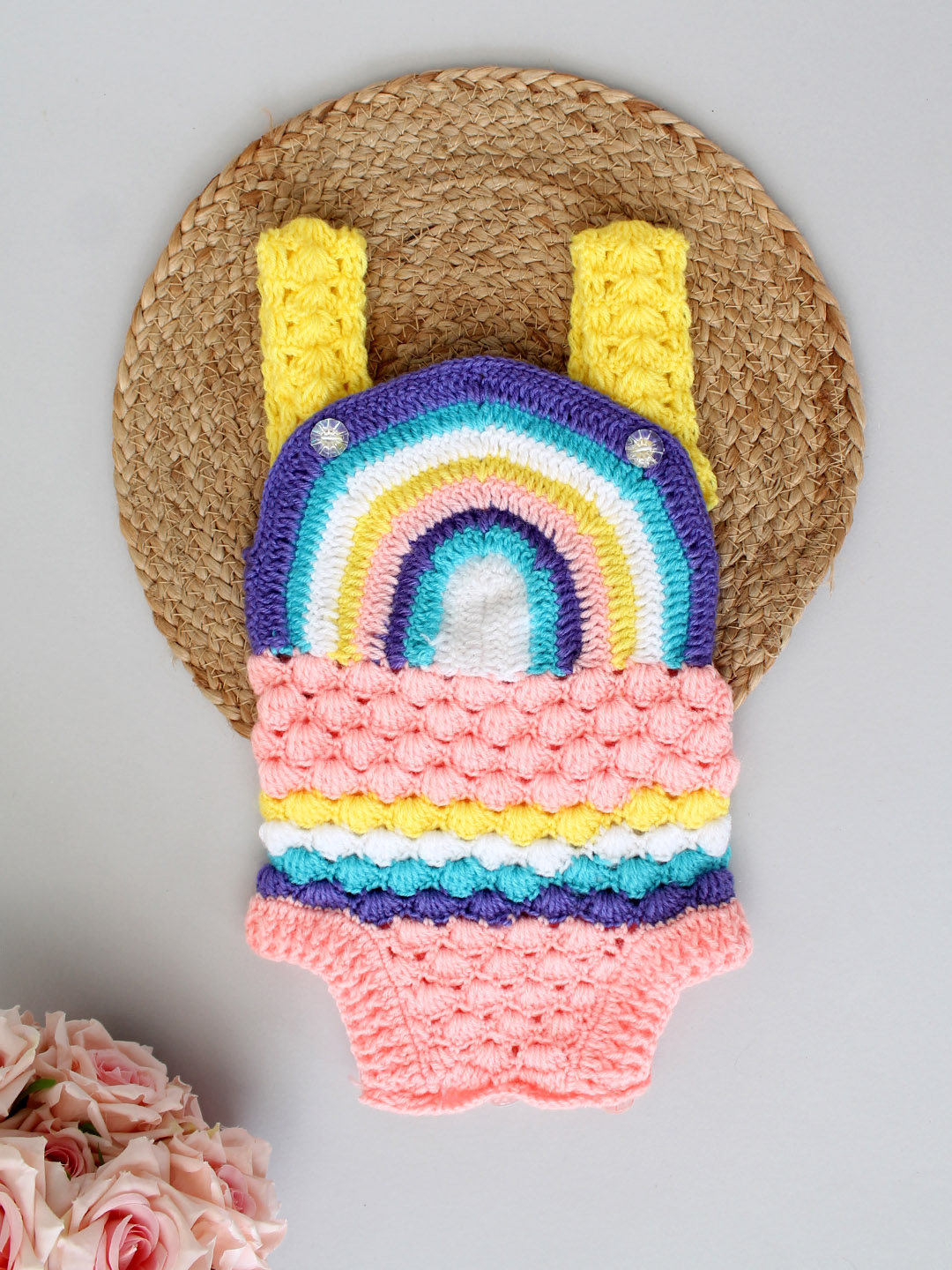 Handmade Crochet Designer Strappy Romper for Newborn -Multi