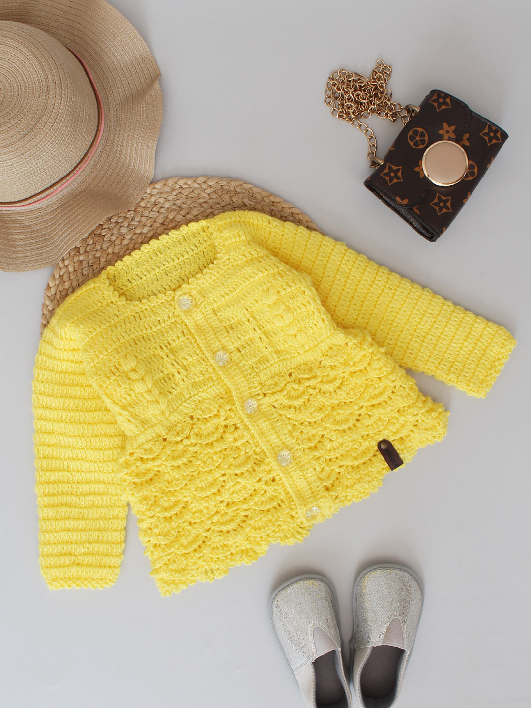 Handmade Crochet Front Open Cardigan for Kids - Yellow