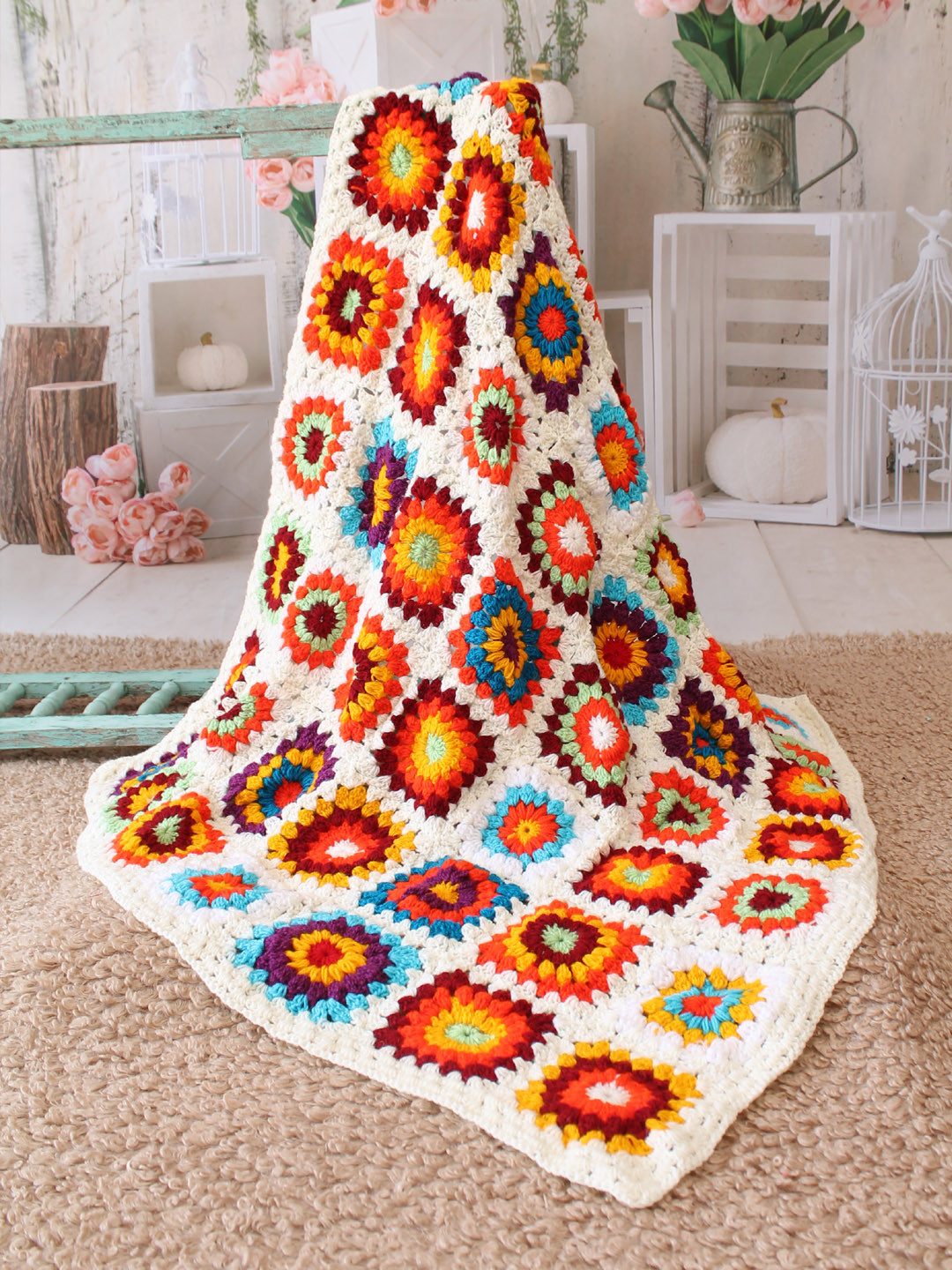 Handmade Crochet Granny Square Baby Blanket - Off-white