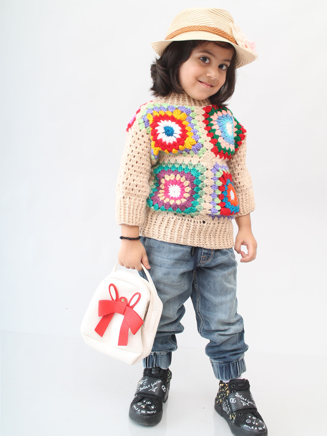 Handmade Crochet Granny Square Sweater for Infants - Beige