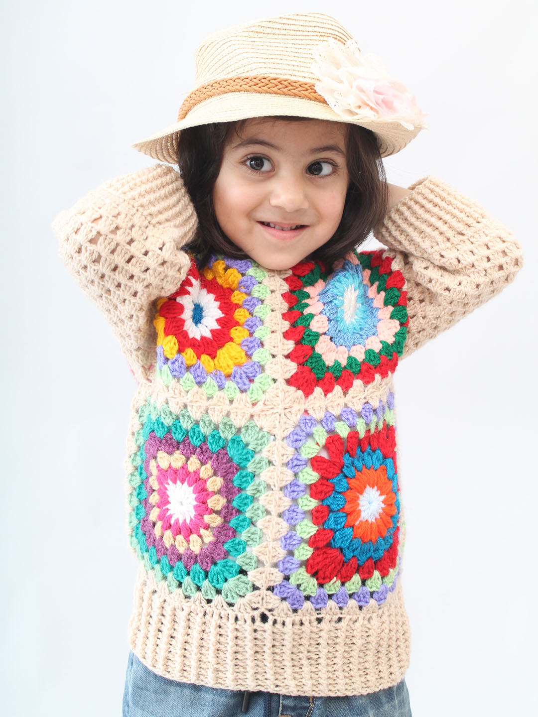 Handmade Crochet Granny Square Sweater for Infants - Beige
