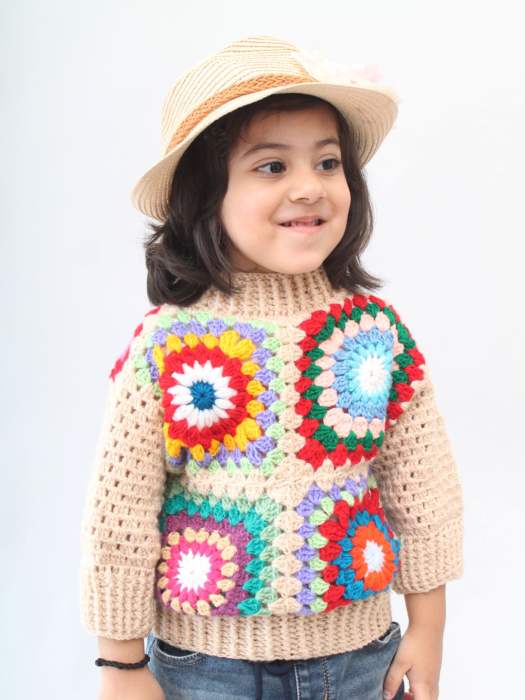 Handmade Crochet Granny Square Sweater for Infants - Beige